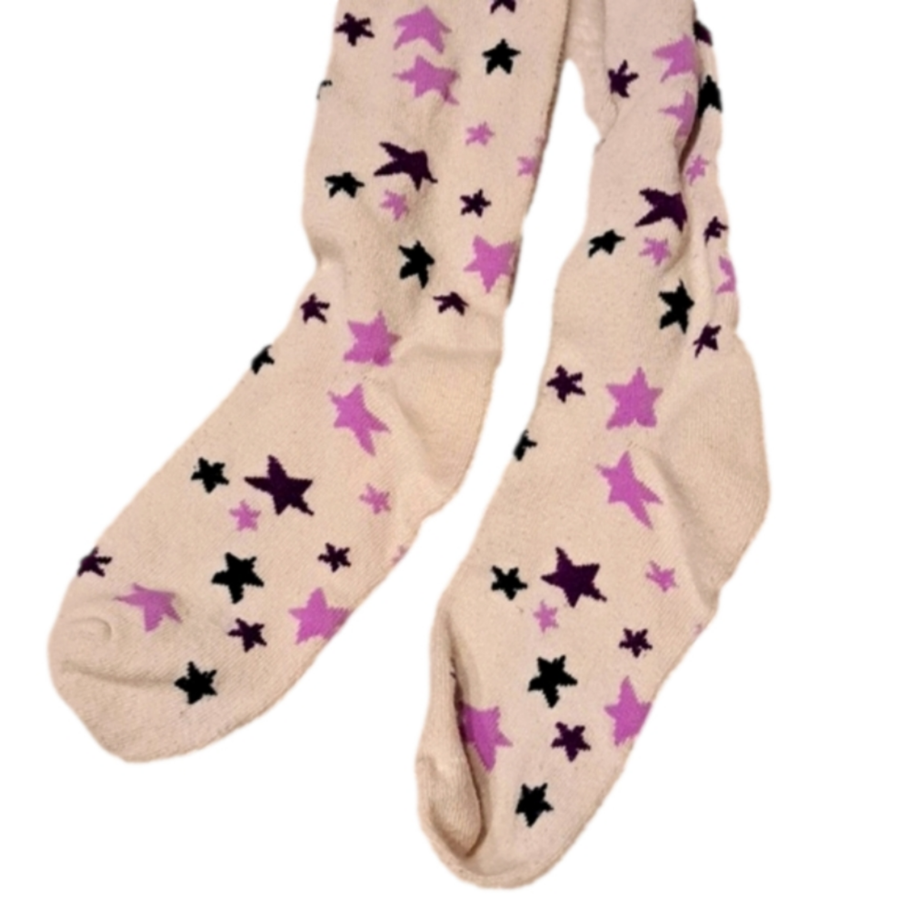 Star tights thicker warm white with purple stars and waistband girls size 10-12